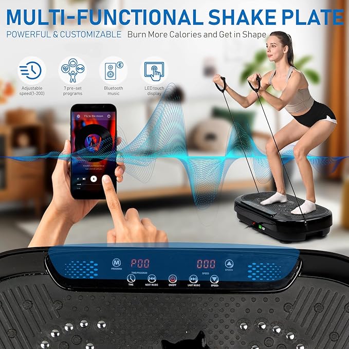 Vibration Plate Exercise Machine, 500 Lbs Capacity, with Bluetooth and LED Display, 999 Speeds Workout Vibrating Plate for Lymphatic Drainage Weight Loss, 4pc Loop Bands and 10pc Resistance Bands