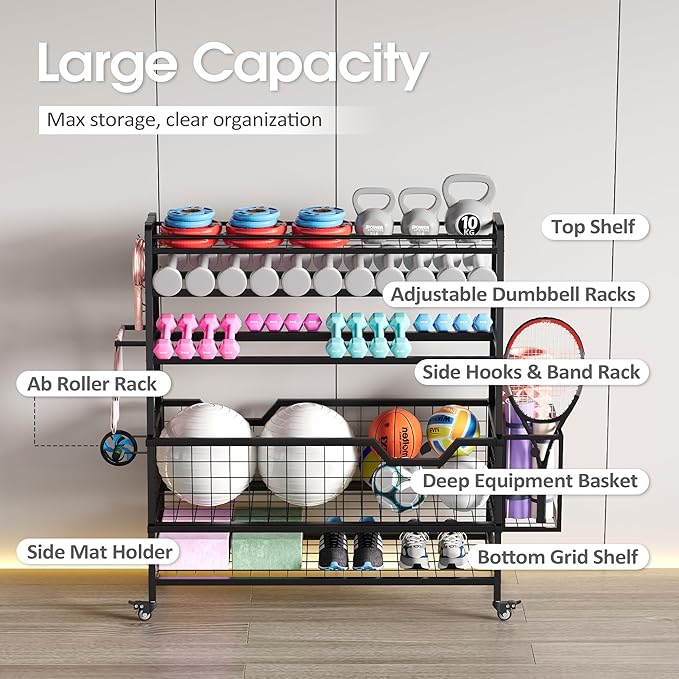 Dual-Sided Dumbbell Rack with Hooks & Wheels, Adjustable Home Gym Storage Rack for Dumbbells, Kettlebells, Balls, Yoga Mats, Ab Roller, Weight Rack Organizer for Workout Equipment