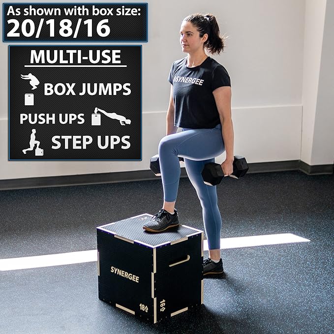 Synergee 3 in 1 Non-Slip Plyometric Box for Jump Training and Conditioning. Wooden Plyo and Soft Plyo Box All In One Jump Trainer. Sizes 20/18/16, 16/14/12