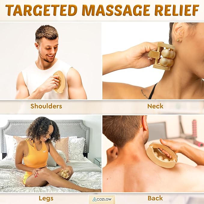 COZLOW - Wooden Massage Ball Roller - Handheld Rolling Massager for Back, Neck, Arm & Leg Muscles - Supports Lymphatic Drainage - May Help Reduce Cellulite Appearance - Pain Relief & Relaxation