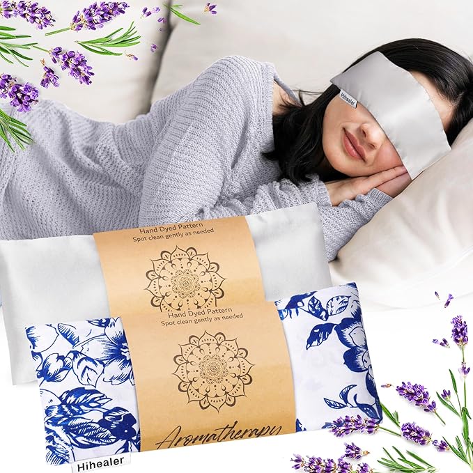 Lavender Eye Pillow for Relaxation, Yoga, Sleep – Weighted Eye Mask for Headache, Sinus, Aromatherapy Moist Heat Compress, Meditation Accessory, Relaxation Gift for Women (Silver)