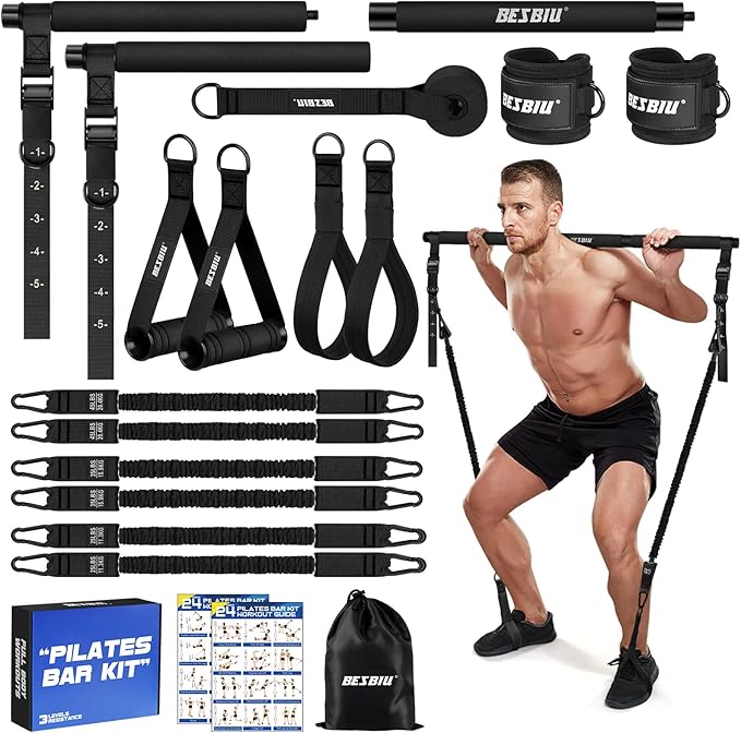 Pilates Bar Kit with Resistance Bands for Working Out, 210lbs Heavy Resistance Bands with Handles, Pilates Equipment with Resistance Band Bar for Men Women, Home Gym Full Body Workout Equipment