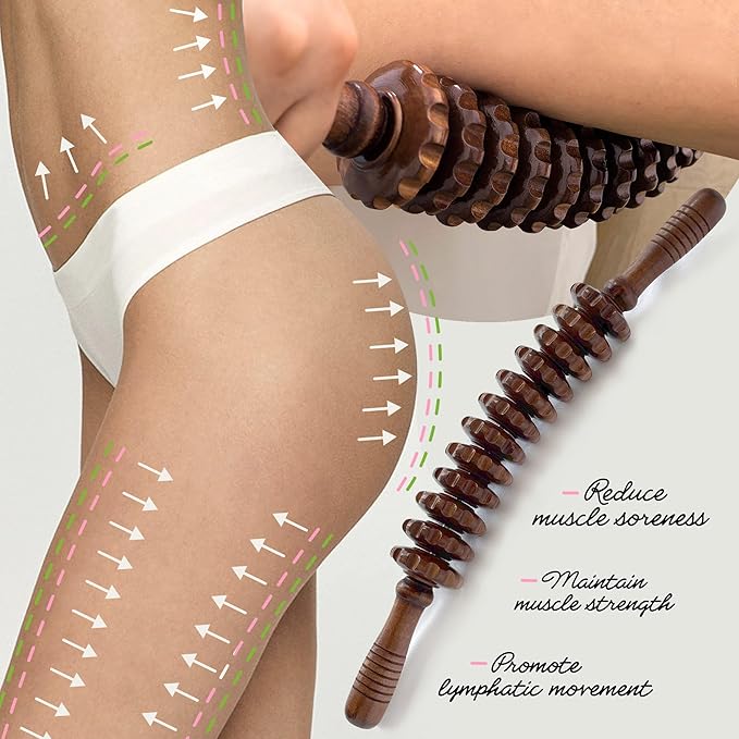 Wooden Curved Handheld Roller Massager Stick- 12 Rollers Wood Therapy Tool for Trigger Point, Fascia & Cellulite Reduction, Lymphatic Drainage, Muscle Tension Relief & Body Shaping (Brown)