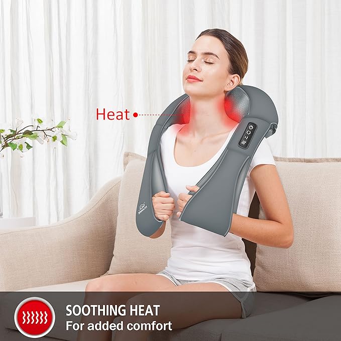Snailax Cordless Neck Massager, Shiatsu Back Shoulder Massager with Heat, Portable Rechargeable Massagers for Neck and Back Pain Relief, Electric Massager Pillow, Gift for Women,Men(Grey)