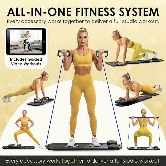Pilates Reformer Board, 7-in-1 Foldable Pilates Board Kit with Timer, Guided Home Workouts w Resistance Bands & Ball - at Home Pilate Reformer AB Core Machine, Exercise Fitness Slider Equipment