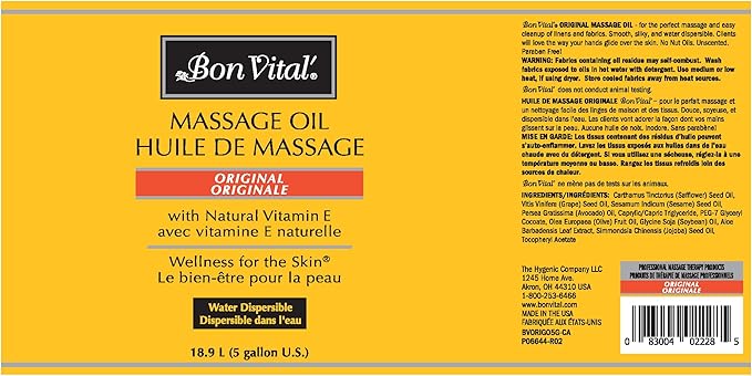 Bon Vital' Original Massage Oil, 5 Gallon Unscented Professional Massage Oil with Natural Oils & Vitamins, Water-Dispersible, No Nut Oils, Smooth Glide for All Massage Modalities