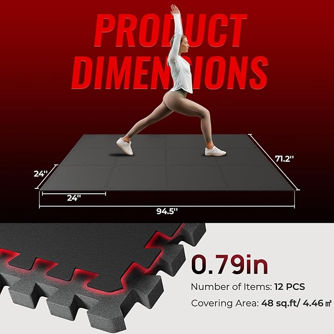 SUPERJARE 0.79'' Extra-Thick Exercise Equipment Mats, 12 Pcs 48 Sq Ft Rubber Top Floor Tiles with High Density EVA Foam, Interlocking Gym Flooring for Home Gym, Workout Mat, Black