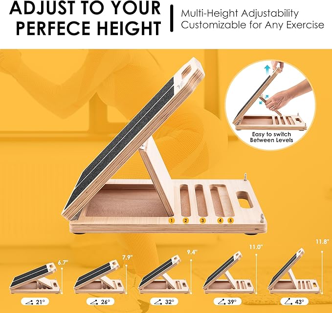 Wooden Slant Board for Calf Stretching, Adjustable Portable Incline Board with 10 - pound Pull Rope, Comes with Training Poster, 300 Lbs Weight Capacity for Leg, Knees and Ankle Stretching