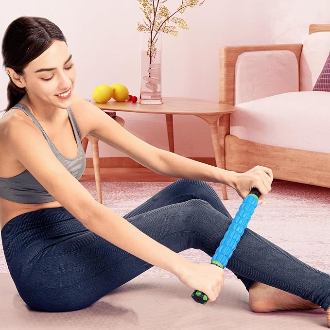 YANSYI 9-Roller Deep Tissue Massage Stick - Professional Muscle Recovery for Leg & Back Pain Relief, Portable Physical Therapy Tool for Athletes, (Blue 2)