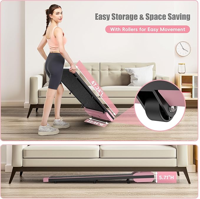 ANCHEER Pink Walking Pad Treadmill - Under Desk Treadmill, 2.5HP Compact Portable Treadmills for Home Small Spaces, Office, Remote Control & LED Display