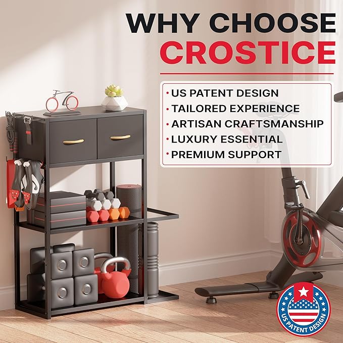 Home Gym Storage Shelf Stand Only, Adjustable Weight Rack for Dumbbells Plus Extra Upper Drawer, for Weight, Mat and Workout Equipment, Large Capacity Gym Organizer with 4-Tier, Easy-assembly