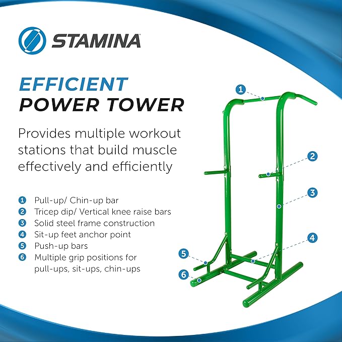 Stamina Pull Up Bar Tower & Dip Station, Free Standing Outdoor Home Gym Equipment, Green - Adjustable and Portable Workout Stand for Calisthenics Body Weight Training