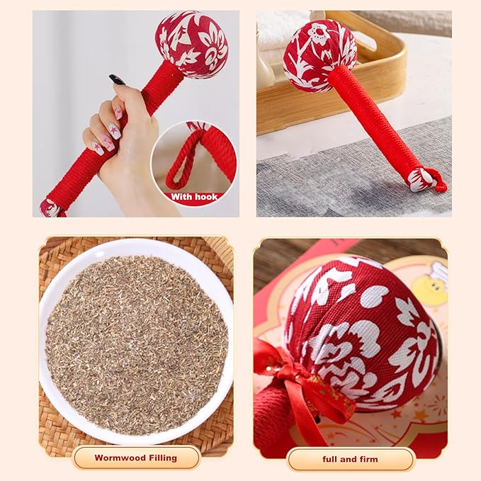 2pcs Manual Massage Tools,Manual Whole Body Wormwood Massage Hammer(12in)& Mugwort Pillow(15in), Lymphatic Drainage Tool,Back Knock Long Handheld Massage Stick for Back Pain Relief (Red)