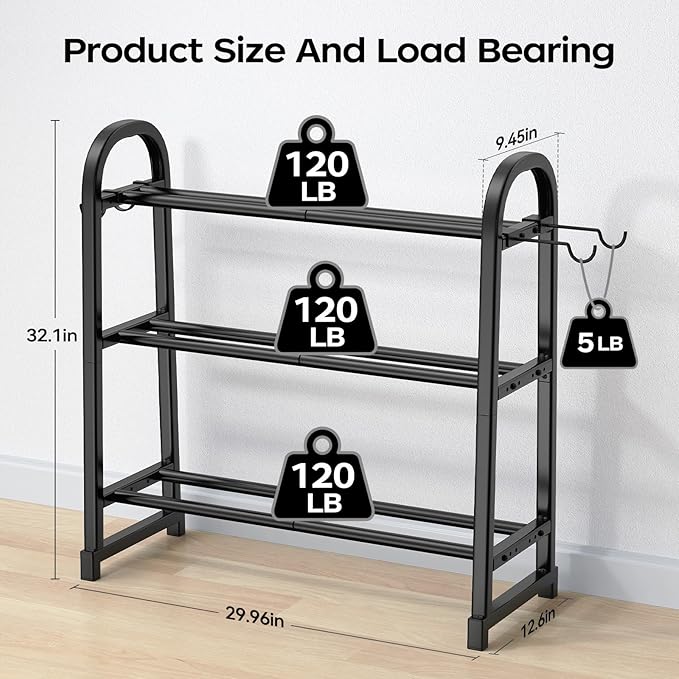 3 Tier Dumbble Rack - 360LB Capacity Adjustable Dumbbell Storage Rack Space-Saving Home Gym Weight Rack For Dumbbells And Kettlebells With Hooks (Dumbbell Rack Stand Only)