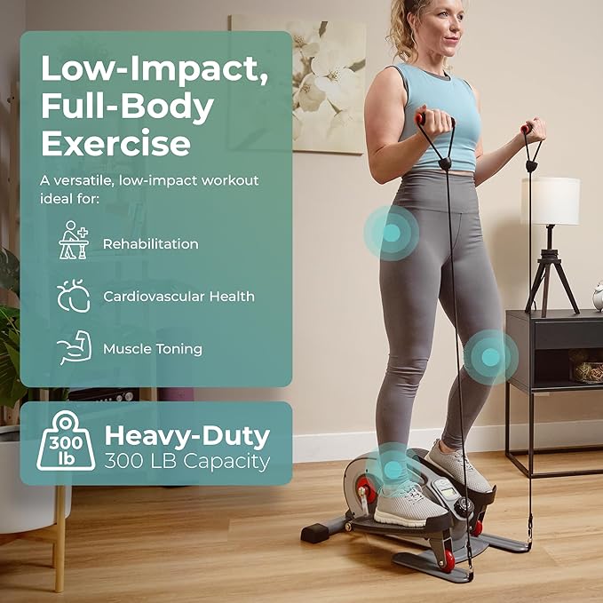 Sunny Health & Fitness Under Desk Elliptical Machine, Portable Sitting or Stand Peddler Exerciser for Seniors Home Office, SunnyFit App Access via Bluetooth with Optional Handlebar or Resistance Band