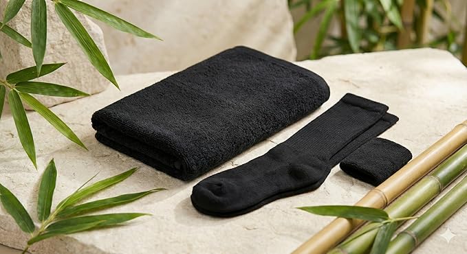 Personalized Women's Fitness Starter Pack, Black Rayon Bamboo Towel with Breathable Socks and Stretch Wristband, Soft Workout and Yoga Set