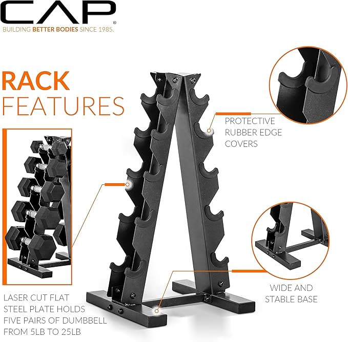 CAP Barbell Rubber Coated Dumbbell Weight Set with Vertical Rack | 100 lb, 150 lb, and 210 lb Options