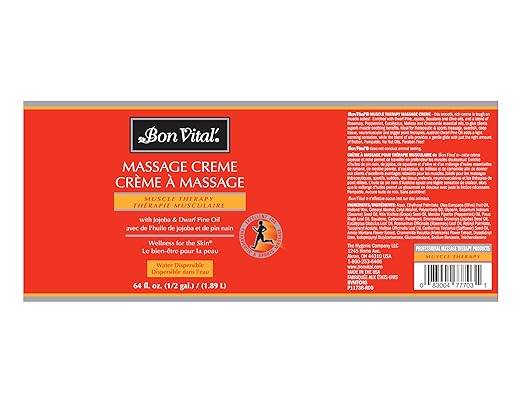 Bon Vital' Muscle Therapy Massage Creme, 1/2-Gallon, Massage Cream with Essential Oils for Deep Tissue, Sports, Swedish & Trigger Point Massage, Smooth Texture