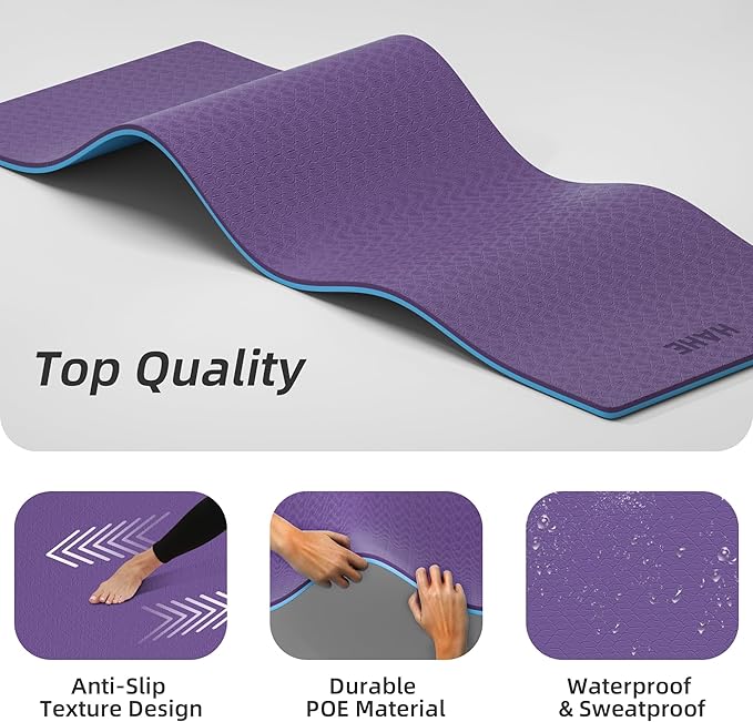 HAHE Yoga Mat Thick, 72"x32"x0.4"Th (10mm), Wide Non-Slip Exercise Mat with Carry Strap, Double-Sided POE Fitness Mat for Yoga, Pilates & Floor Workouts