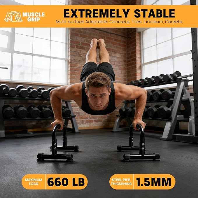 Push Up Bars Parallettes, 10” Heavy-Duty Steel Dip Bars with Non-Slip Foam Handles, Calisthenics Equipment for Handstands, L-Sit & Dips, Home Gym Workout Set with Jump Rope