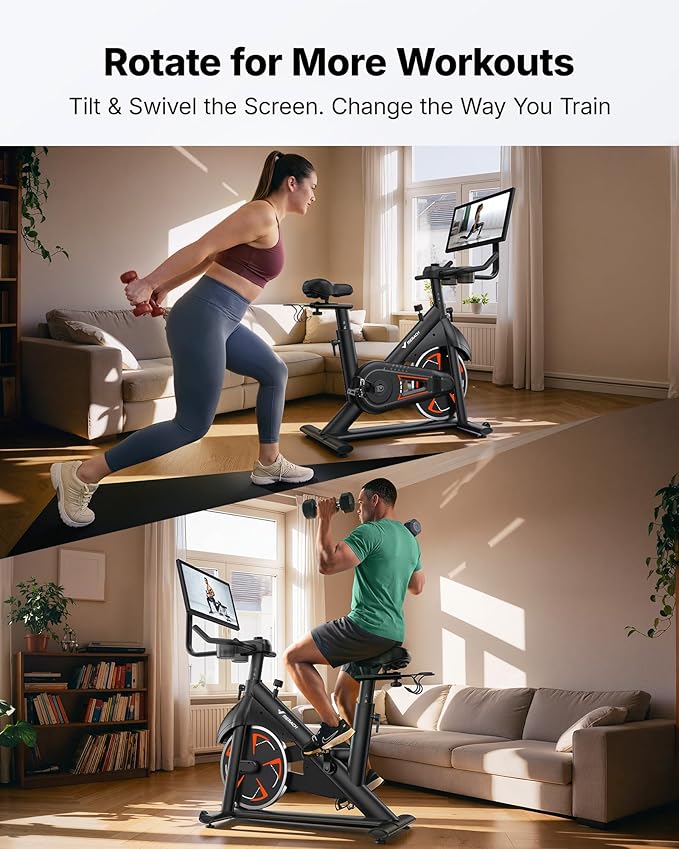 Merach Magnetic Exercise Bike, Low Noise Stationary Bike for Home with Comfortable Seat Cushion, Spinning Bike with 330 lb Weight Capacity, Exclusive App, Tablet Mount and Fitness Courses