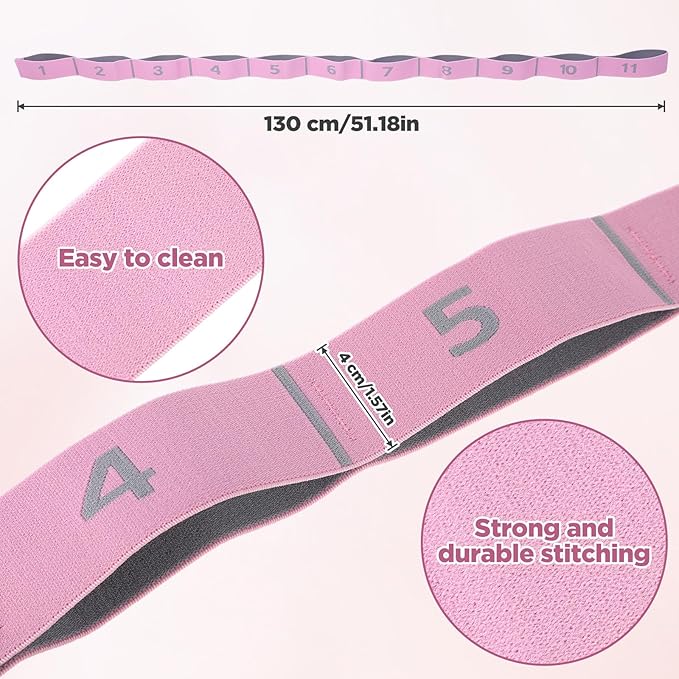 Stretching Strap with 11 Loops Yoga Stretch Strap for Physical Therapy Pilate Ballet Dance Non Slip Exercise Leg Stretch Band for Hamstring Leg Stretching Flexibility (Pink)