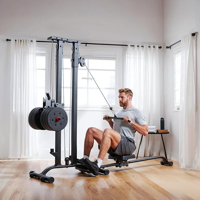 TOUSAINS Cable Machine Home Gym CR63, 330 Lbs Plates Loaded Cable Crossover Machine, 2 in 1 Functional Trainer with Rowing Machine, Space Saving Design for Home Gym