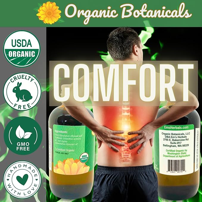 Pure Organic Comfrey Leaf Infused Oil - Skin Care for Joints, Back, Muscles, Fractures, Bruises, and Minor Wounds, Natural Herbal Body Massage Oil, Certified Organic (4 oz)