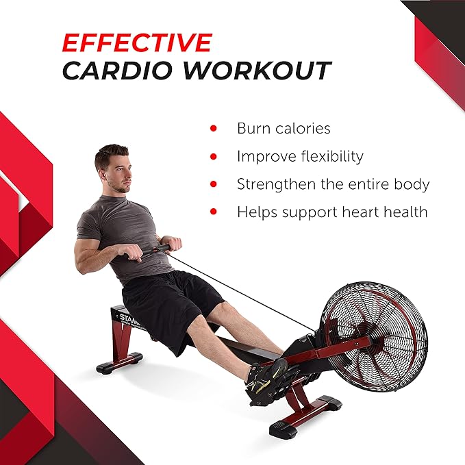 Stamina X Air Rower - Rower Machine with Smart Workout App - Rowing Machine with Air Resistance for Home Gym Fitness - Up to 250 lbs Weight Capacity - Black/Red