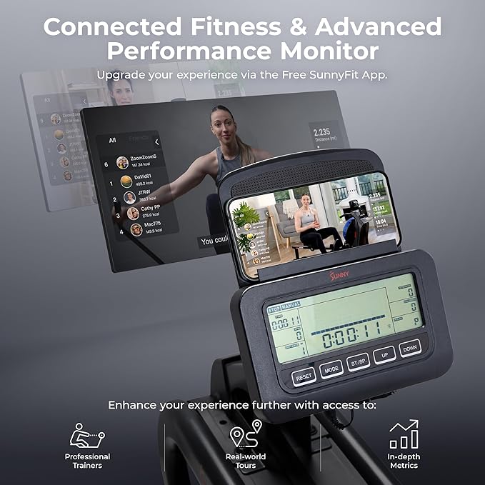 Sunny Health & Fitness AquaStrive Series Smart Water Rower, 300LB Capacity Plus Dynamic Hydro Resistance for Home Cardio Workout, Free SunnyFit Training App Connection
