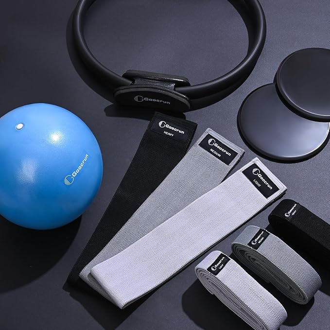 Pilates Ring Set Exercise Equipment, with Exercise Resistance Bands Set, Pilates Ball, Sliding Disks. Portable Home Gym - with Fitness Guide Poster