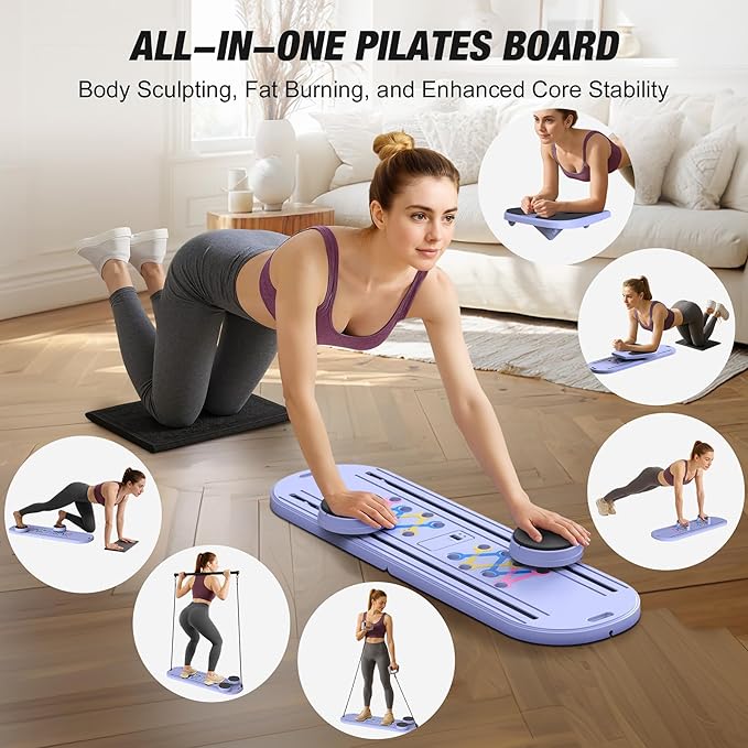 WARMOUNTS Pilates Board, Pilates Board for Home Workout, 7-in-1 Multifunctional Pilates Reformer Set with Timer, Portable Foldable Equipment for Women, Core Strength & Ab Flexibility Training