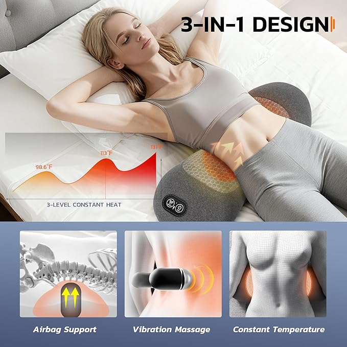 3-in-1 Electric Back Massager Pillow, Rechargeable Lumbar Support Cushion with Heat Vibration