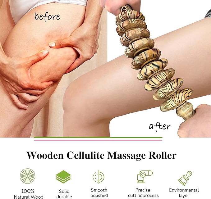 Wooden Curved Manual Massage Stick, 9 Roller Handheld Trigger Point Massager for Fascia, Cellulite, Muscle & Abdomen, Body Therapy Massager, Belly Relief Tool (Wood Grain)