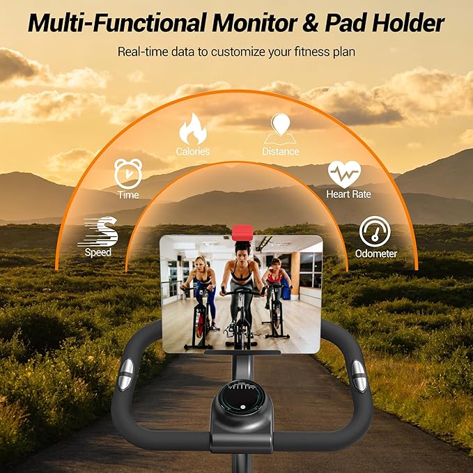 CURSOR FITNESS Exercise Bike, Brake Pad Stationary Bike for Home with Exclusive App, Stationary Bikes for Home with 300 lb Weight, Indoor Cycling Spin Bike Workout Bike with Extra Comfort Seat