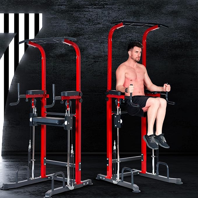 Dland Power Tower Dip Station Pull Up Bar Exercise Tower, Multifunctional Adjustable Height Training Equipment for Home Gym, Free Standing Assisted Fitness Workout Pullup Rack Station Machine