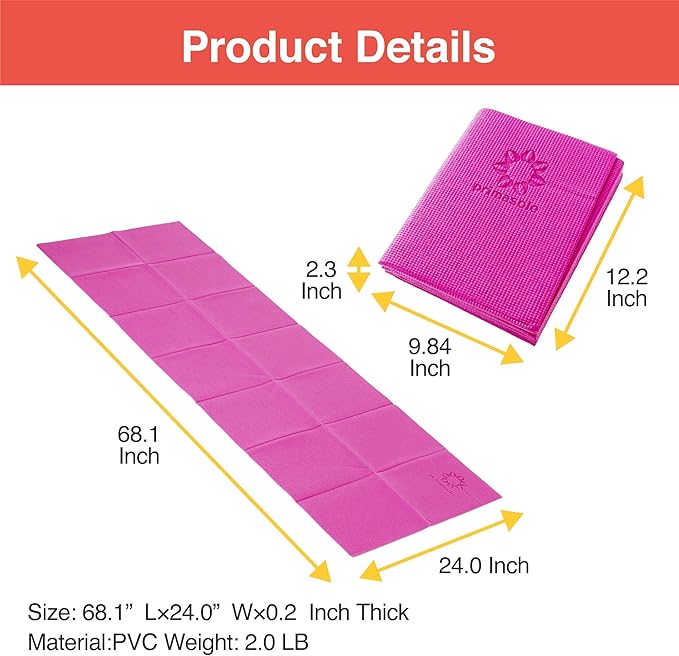Primasole Folding Yoga Travel Pilates Mat Foldable Easy to Carry to Class Beach Park Tear resistant Travel Picnics 4mm Thick 9 Colors