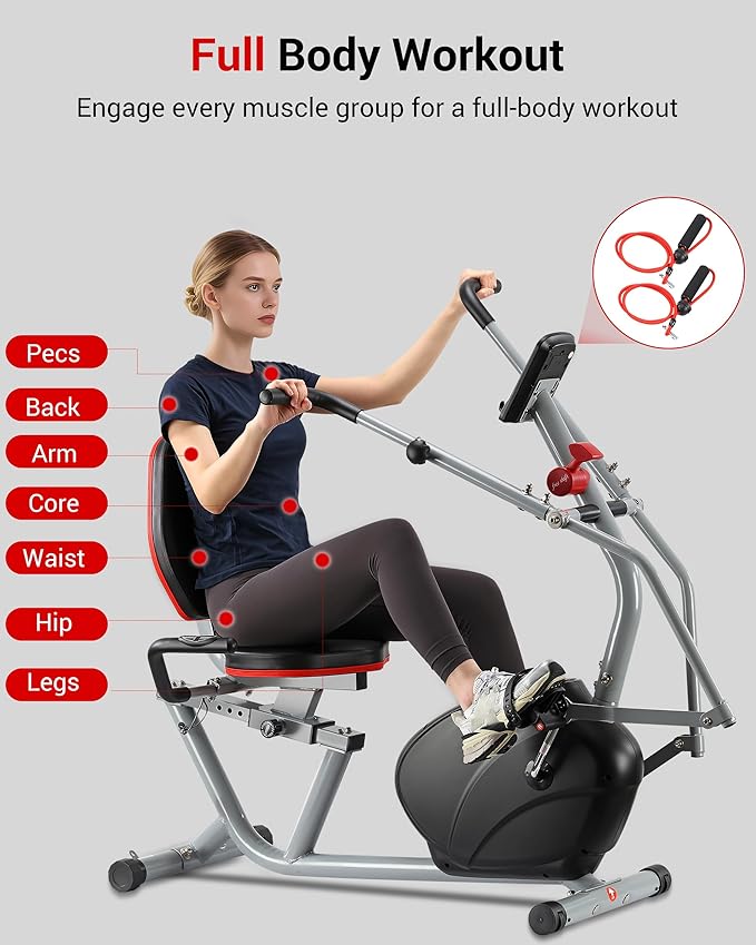 ECHANFIT Recumbent Exercise Bike with Arm Exerciser for Home - Elliptical Recumbent Cross Trainer with Backlit Display, Pulse Sensor, 8-Level Magnetic Resistance, 380LBS Weight Capacity