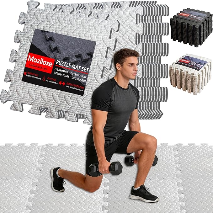 18 Pack Interlocking Gym Flooring Mats for Home Gym, 0.4 Inch Thick Non-Slip EVA Foam Puzzle Exercise Tiles with Edge Strips, Shock Absorption for Workout, Yoga, Treadmill, Garage, Basement