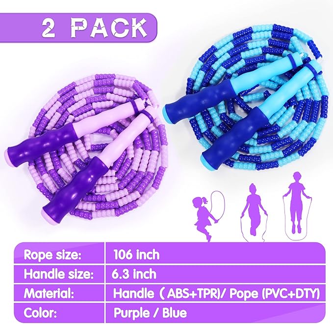 Supertrip Jump Rope Kids-Soft Beaded Skipping Rope Adjustable Tangle-Free Segmented Jumping Rope for Children and Students