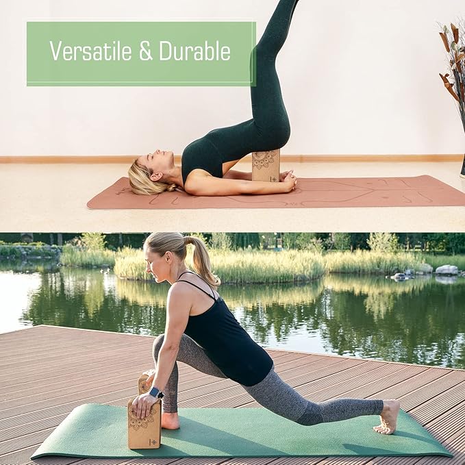 Overmont Cork Yoga Blocks 2 pack with 8ft Strap Natural Cork Bricks- High Density & Eco Friendly Yoga Accessories for Women - Ideal for Yoga Pilates General Fitness and Stretching 9x6x3''