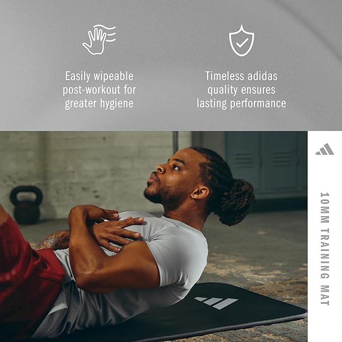 adidas 10mm Extra Thick Training Mat with Carrying Strap and Non-Slip Textured Base - Cushioned Workout Mat for Home Gym, Floor Workouts, and Intense Exercises - Portable and Durable
