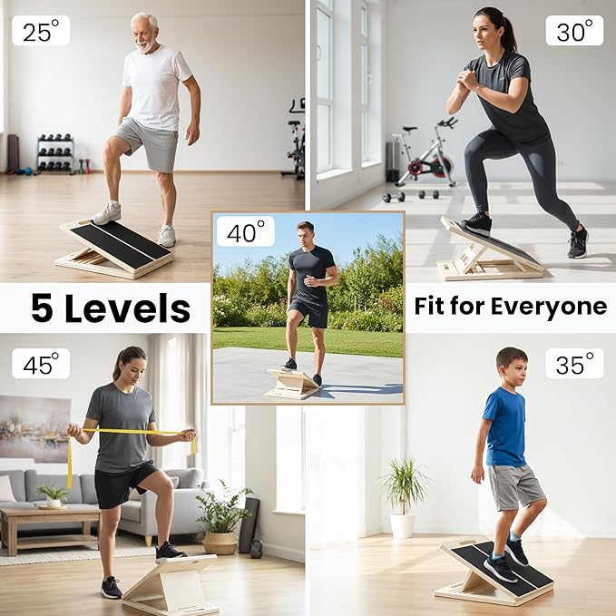 Adjustable Wooden Slant Board for Calf Stretching & Hamstring Flexibility – Professional Incline Calf Stretcher for Home Gym, Squats, Mobility & Rehab with Carry Bag, Loop Band & 2 Sand Papers
