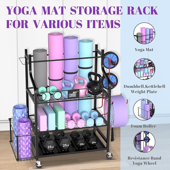 Mythinglogic Yoga Mat Storage Racks,Home Gym Storage Rack for Dumbbells Kettlebells Foam Roller, Yoga Strap and Resistance Bands, Workout Equipment Storage Organizer With Hooks and Wheels