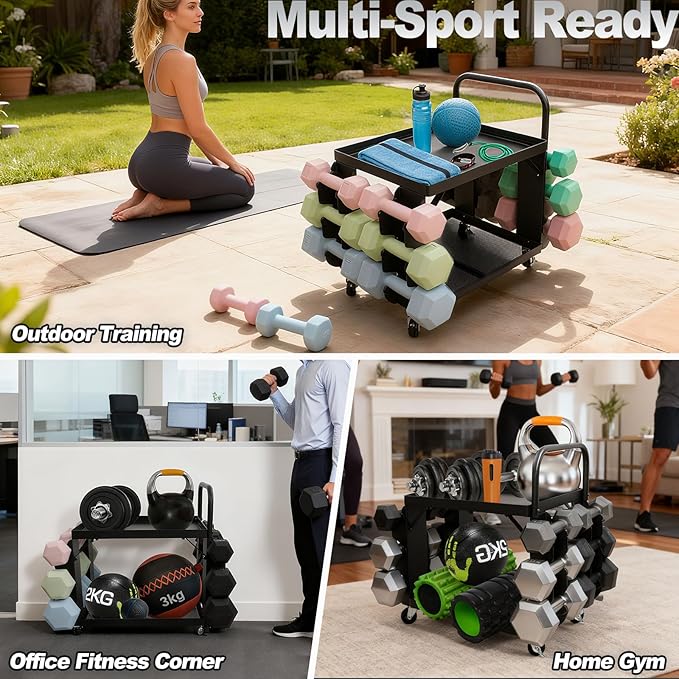 All-in-One Home Gym Storage Cart with Wheels and Handle, 2-Tier Heavy Duty Adjustable Weight Rack for Small Dumbbells, Kettlebells,Yoga Mats, Fitness Gear