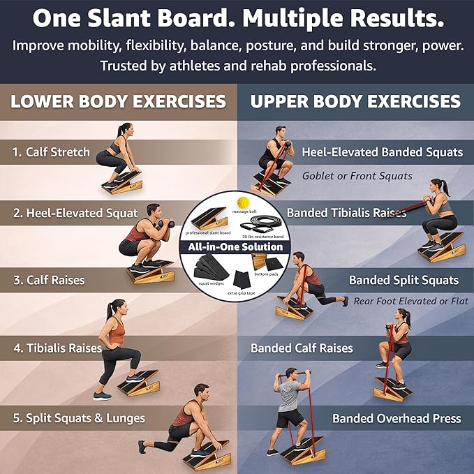 BAM Athletica Slant Boards for Exercise – Adjustable Wooden Calf Stretcher Incline Board for Calf Stretching, Squats, Physical Therapy, Plantar Fasciitis, Knee, Foot & Ankle Rehab, Velour Slant Board