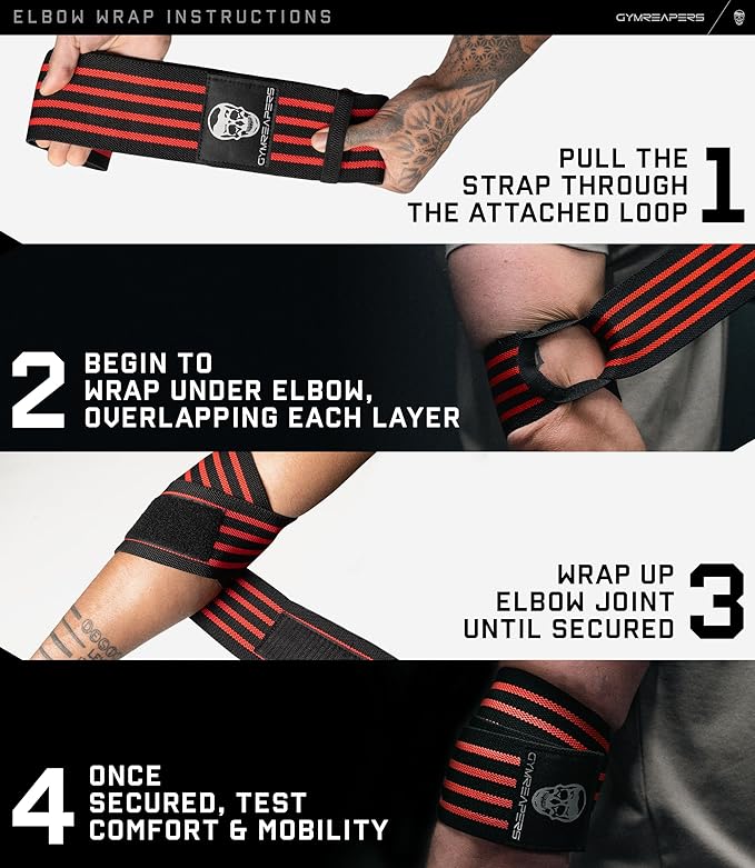 Gymreapers Weightlifting Elbow Wraps (1 Pair) - Flexible 40'' Elbow Compression Strap & Joint Support Brace - for Bench Press, Powerlifting, and Pressing
