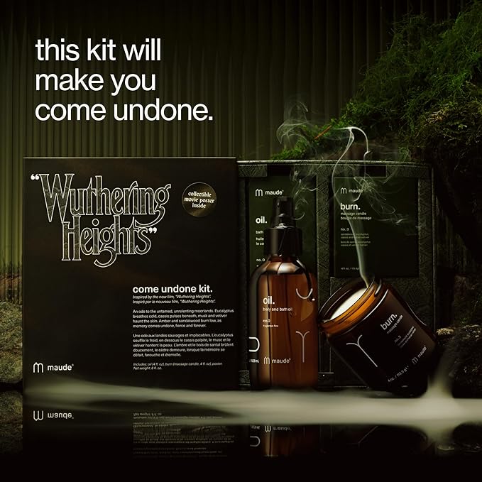 Maude x "WUTHERING HEIGHTS" Come Undone Kit - Limited Edition Two Piece Body Care Gift Set - Fragrance-Free Moisturizing Body Oil & Massage Candle Scented with Eucalyptus & Sandalwood