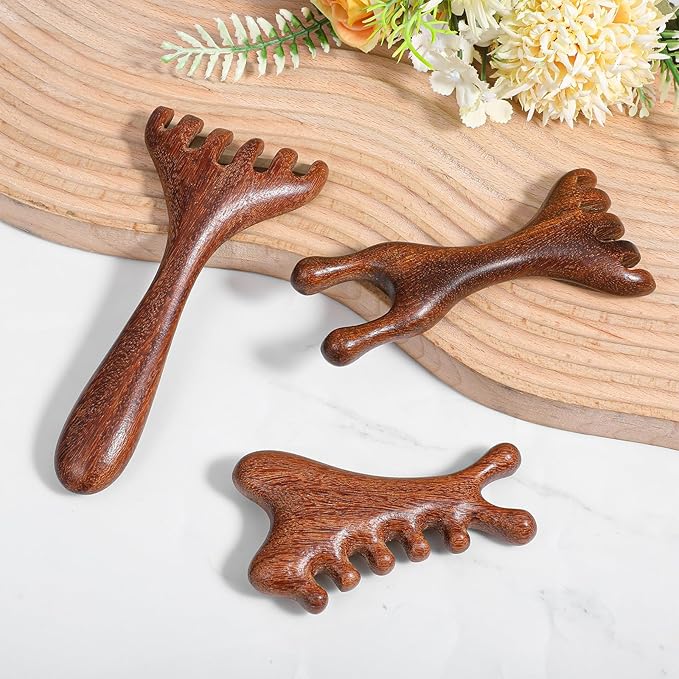 3 Pack Wooden Massager Comb Gua Sha Scraping Massages 6 Claws Meridian Massager Double Head Massage Rake Foot Massagers Tools with Long Handle for Head Neck Back Legs Feet