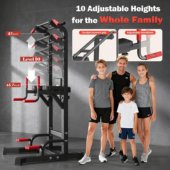DlandHome Power Tower Pull Up Bar Station, Heavy Duty Adjustable Height for Home Gym Strength Training Equipment 330LBS Weight Capacity, Pull Up Dip Station